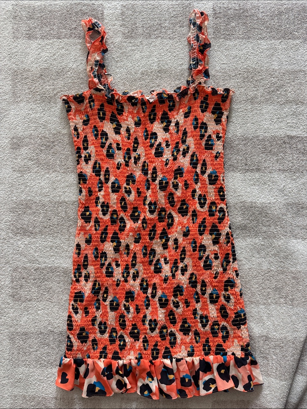 Waverly Grey Coral and Black Leopard Smocked Mini Dress